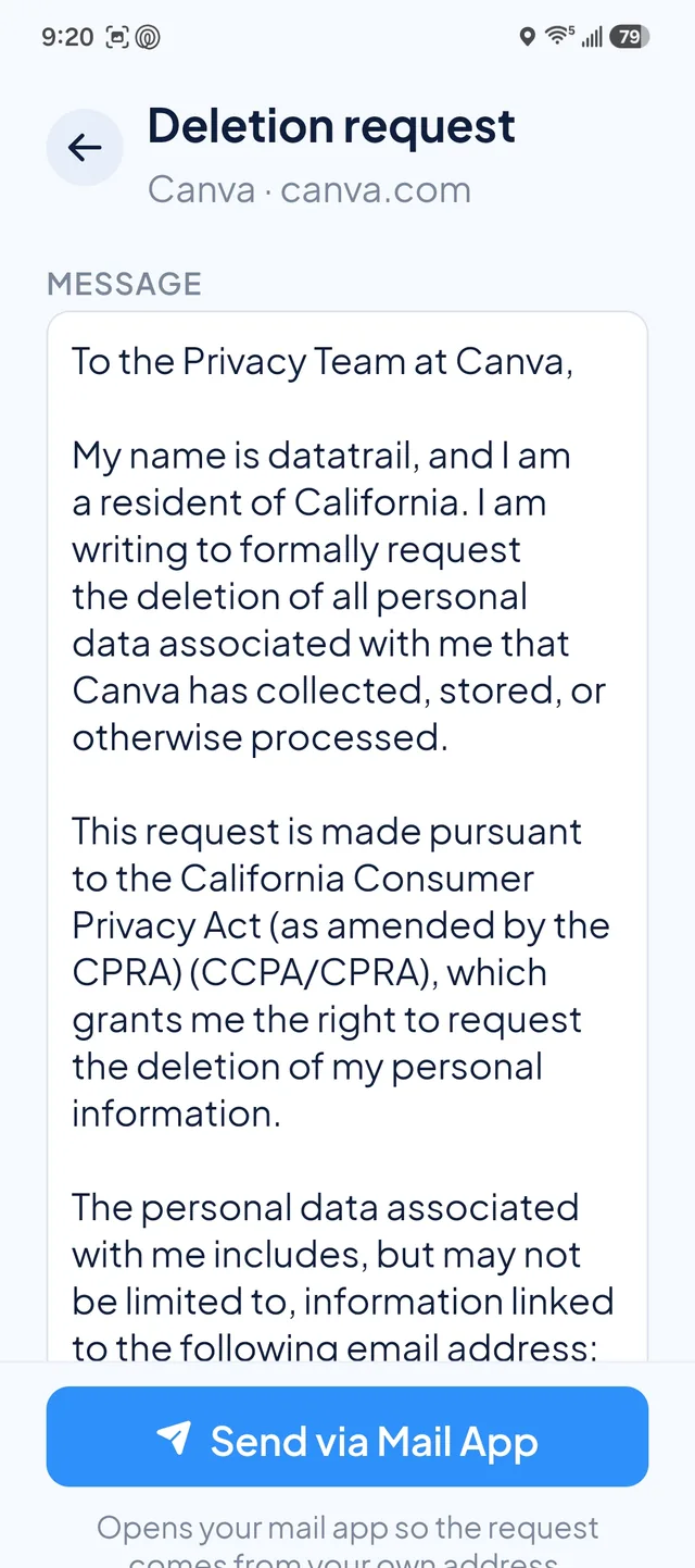 A pre-written deletion request to Canva, ready to send from your own mail app