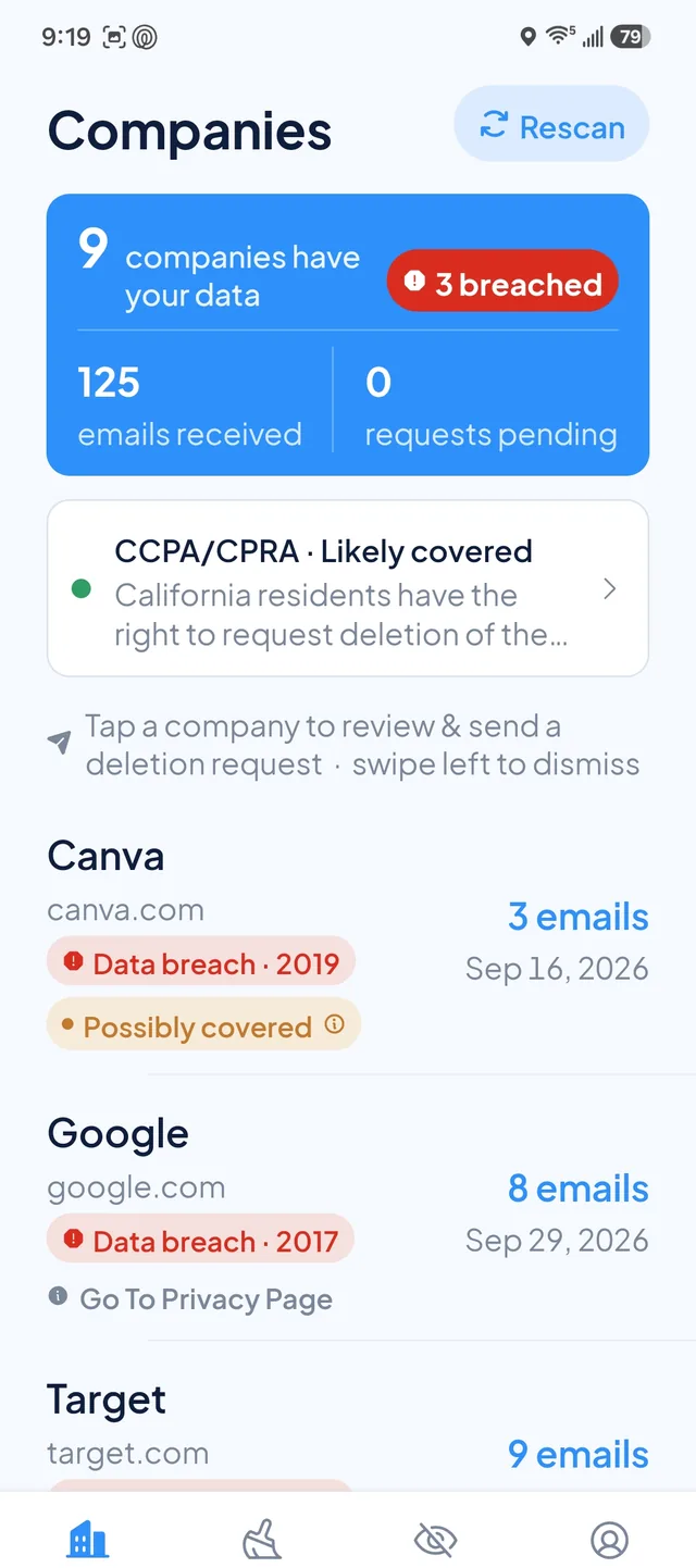 DataTrail Companies screen showing 9 companies with your data and 3 with known breaches