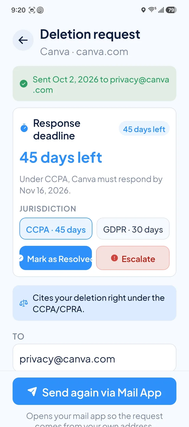 A sent deletion request showing a 45-day CCPA response deadline